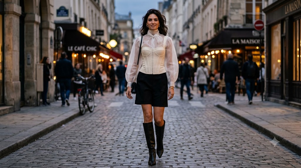 Corset Top over Sheer Organza Blouse & Tailored Shorts